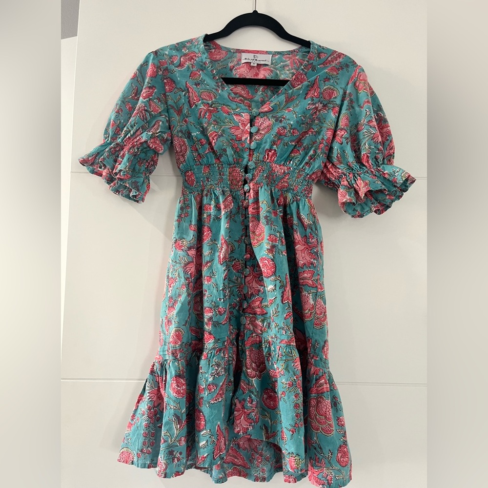 NWOT The Fox and the Mermaid Venice Floral Cotton Dress, Teal & Pink Dress Sz. S